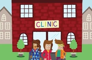 The front cover of the National Deaf Children's Society comic 'Going to the Hearing Clinic'.